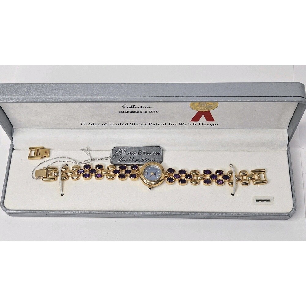 Marcel Drucker Amethyst Gold Tone Mother Of Pearl Face Ladies Quartz Watch New